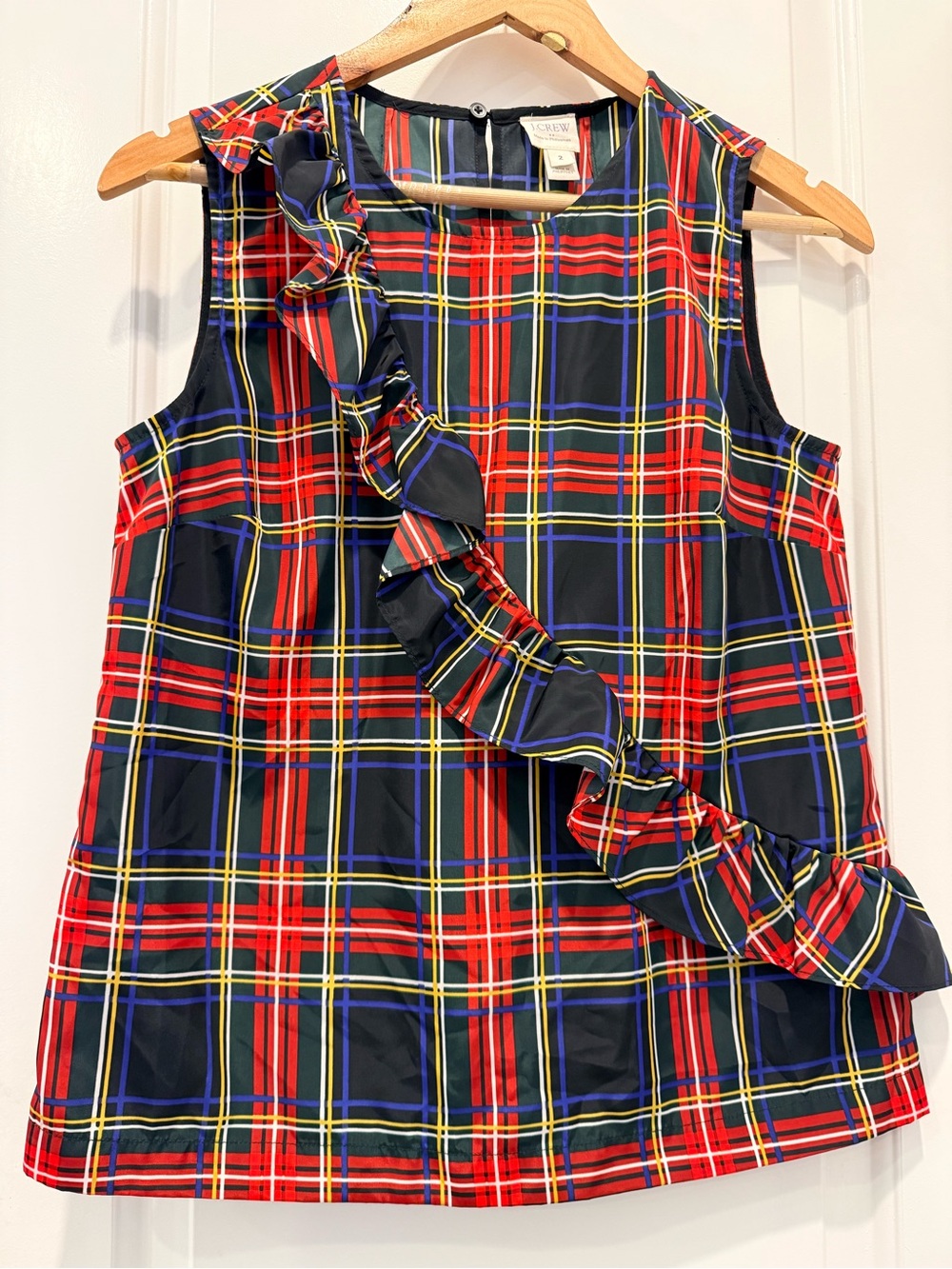 J. Crew Red, Navy & Yellow Plaid Ruffle Tank Top